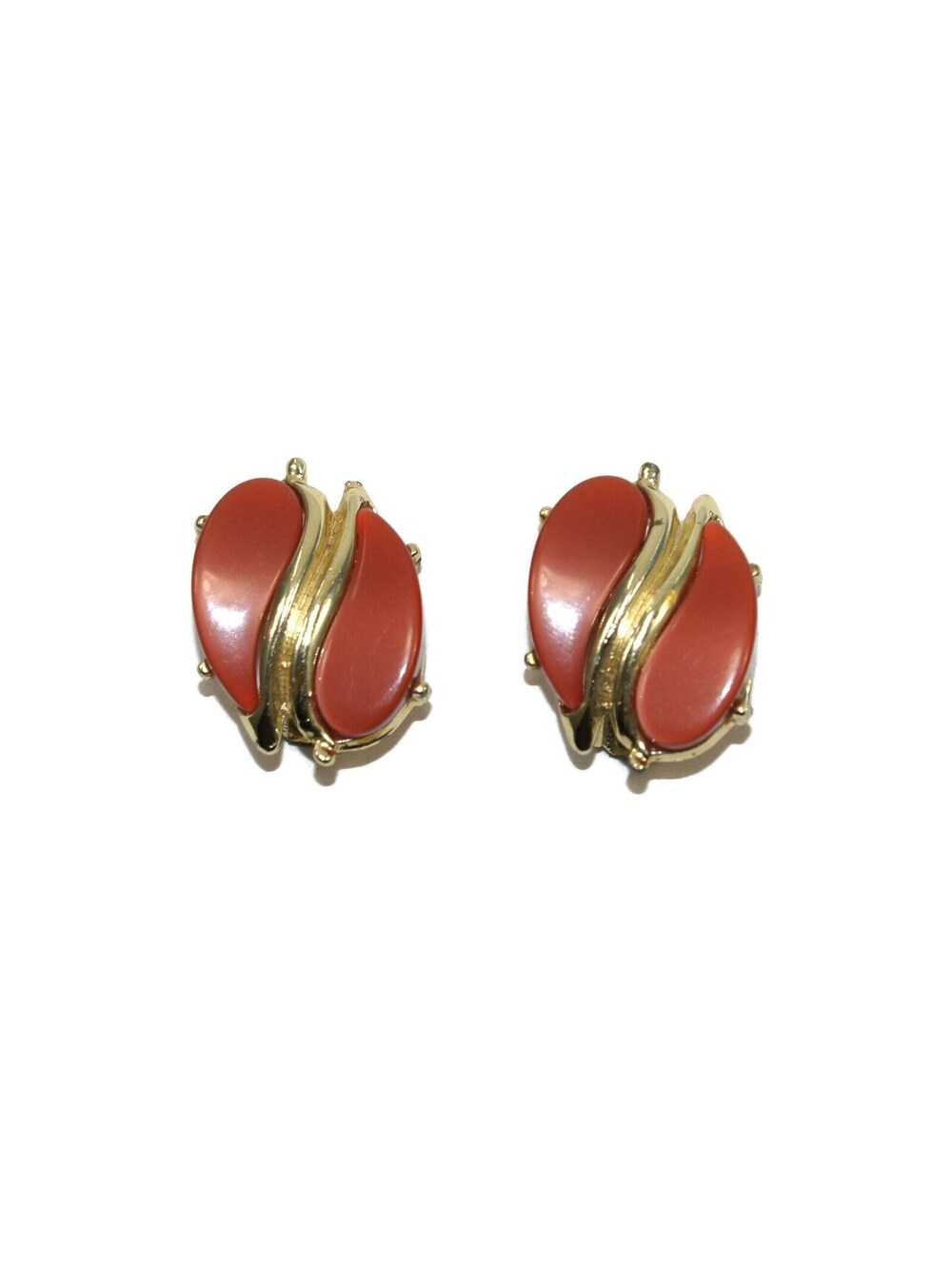 Vintage Gold Tone and Red Lucite Plastic Fashion Clip on Earrings.
